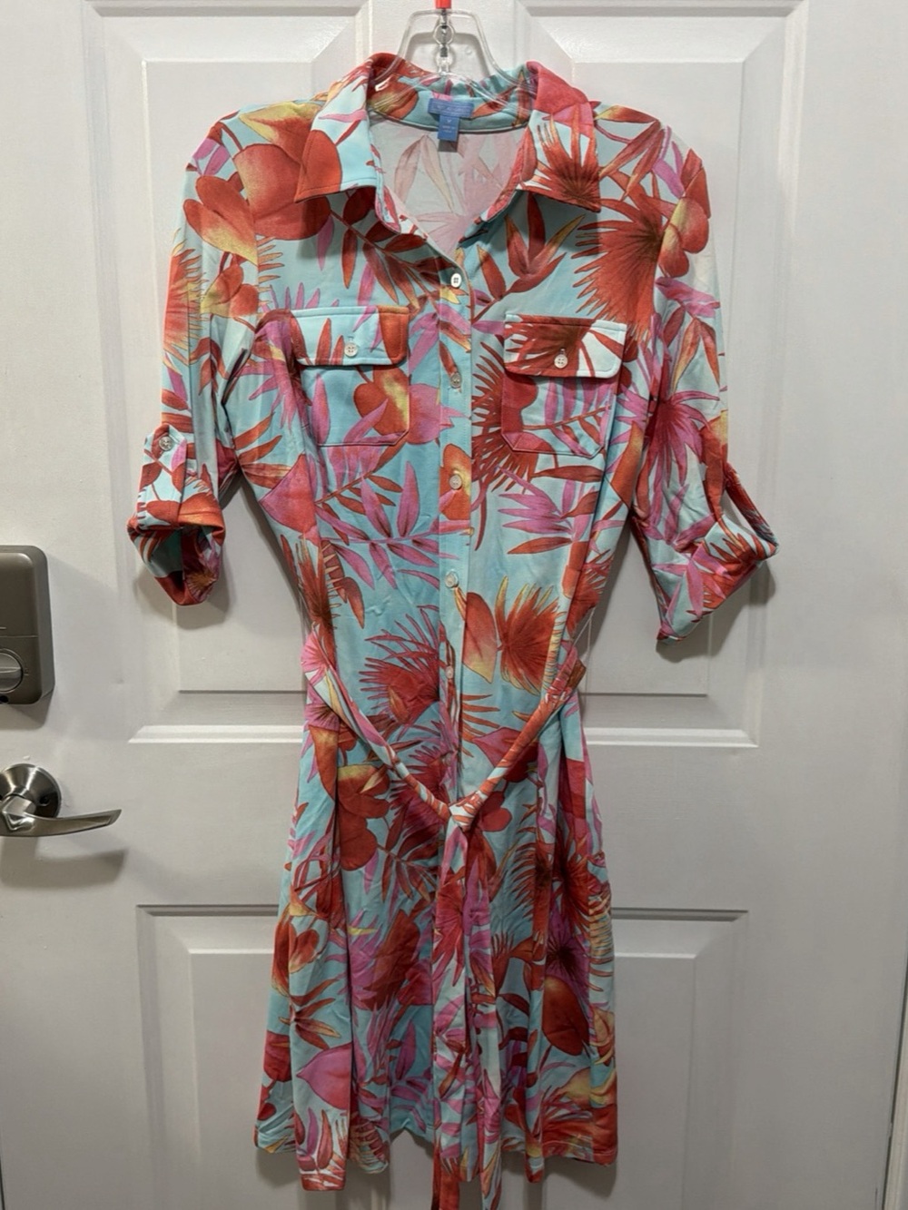 J. McLaughlin Women's Blue/red Floral Dress Belted 3/4 Sleeve Sz M Bottom Down